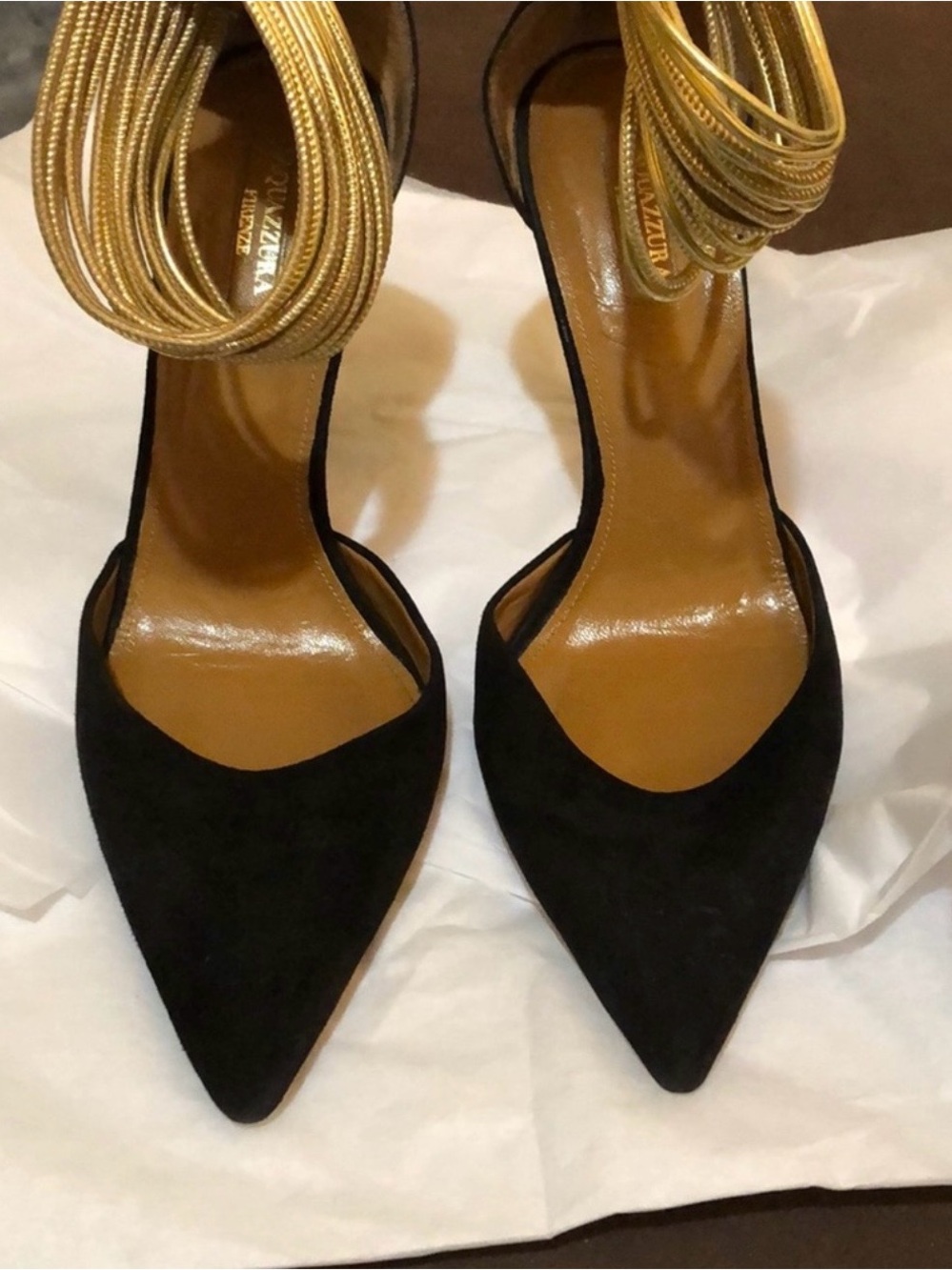 Aquazzura Black Suede Pointed Pumps with Gold Wrap-Ankle Cords